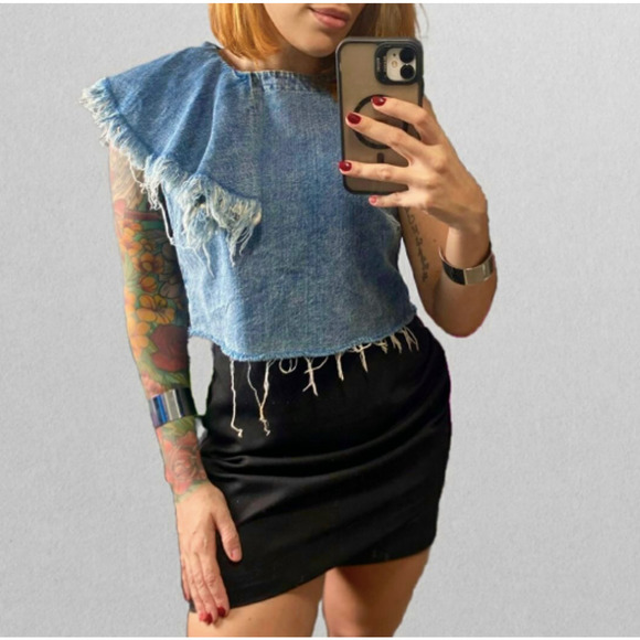 Zara Trafaluc Denimwear Frayed Ruffle Denim Crop Top XS Cotton Fringe Western - Picture 3 of 10